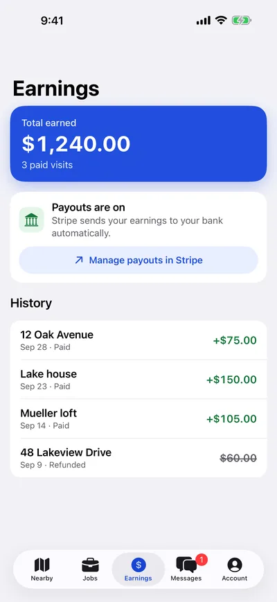 The Earnings tab in the Property Peek app with payouts set up and a history of paid visits