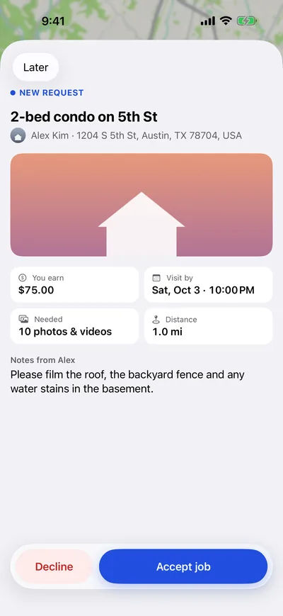 A new visit request in the Property Peek app showing what it pays, the deadline and the photos needed