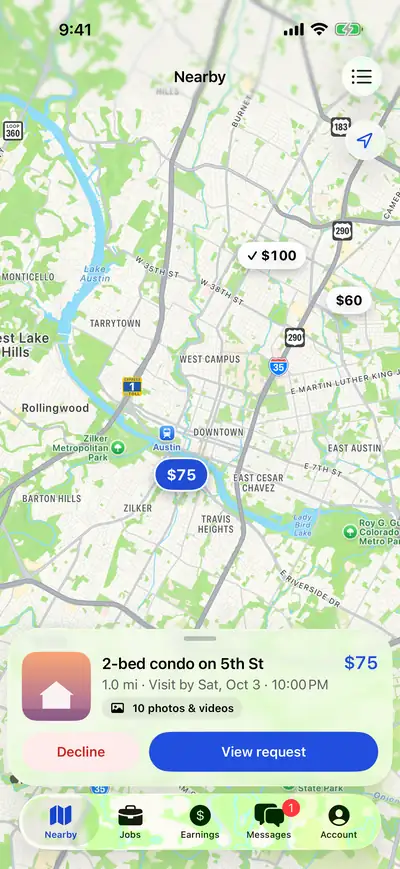 The Nearby map in the Property Peek app with visit requests and their prices around Austin